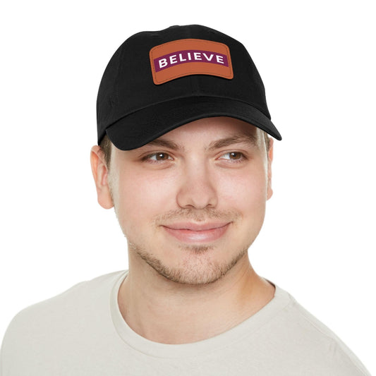 Believe Baseball Hat with Leather Patch Cap Black / Light Brown Rectangle One size