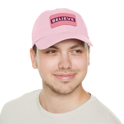 Believe Baseball Hat with Leather Patch Cap Light Pink / Pink patch Rectangle One size