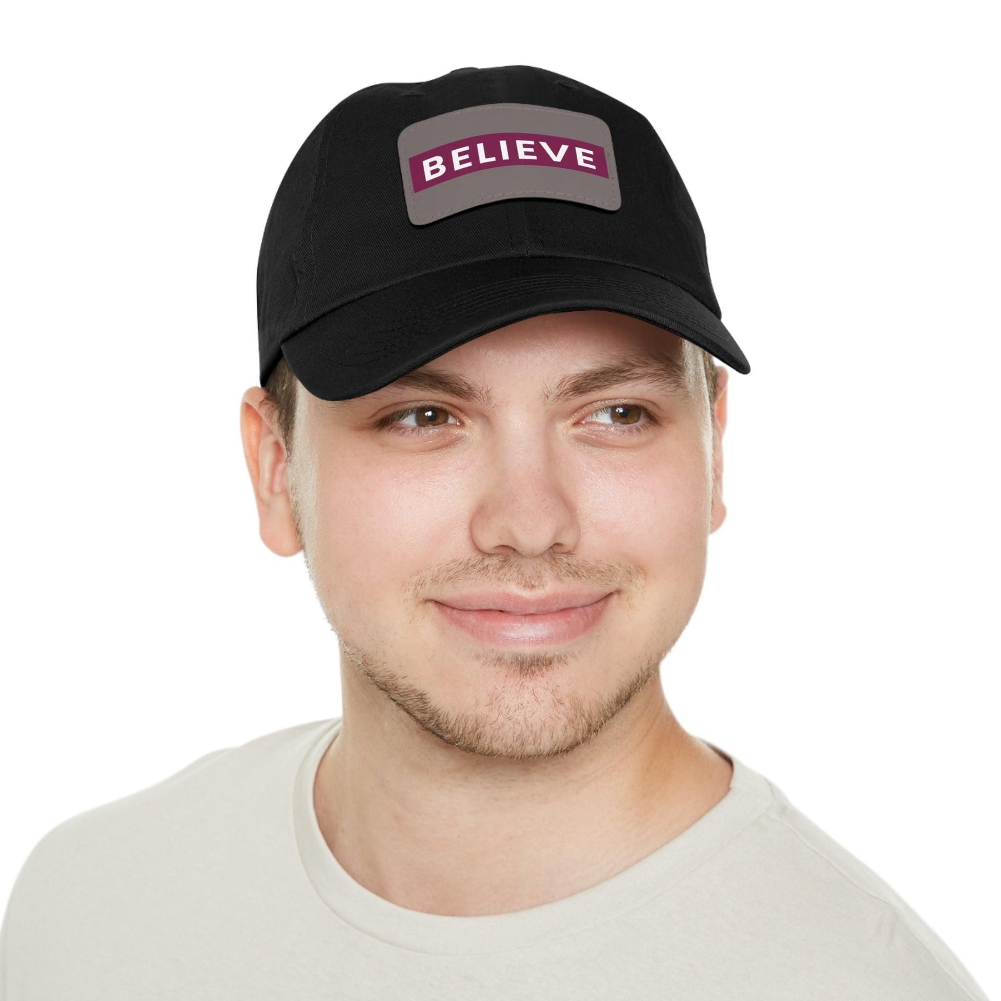 Believe Baseball Hat with Leather Patch Cap Black / Grey patch Rectangle One size