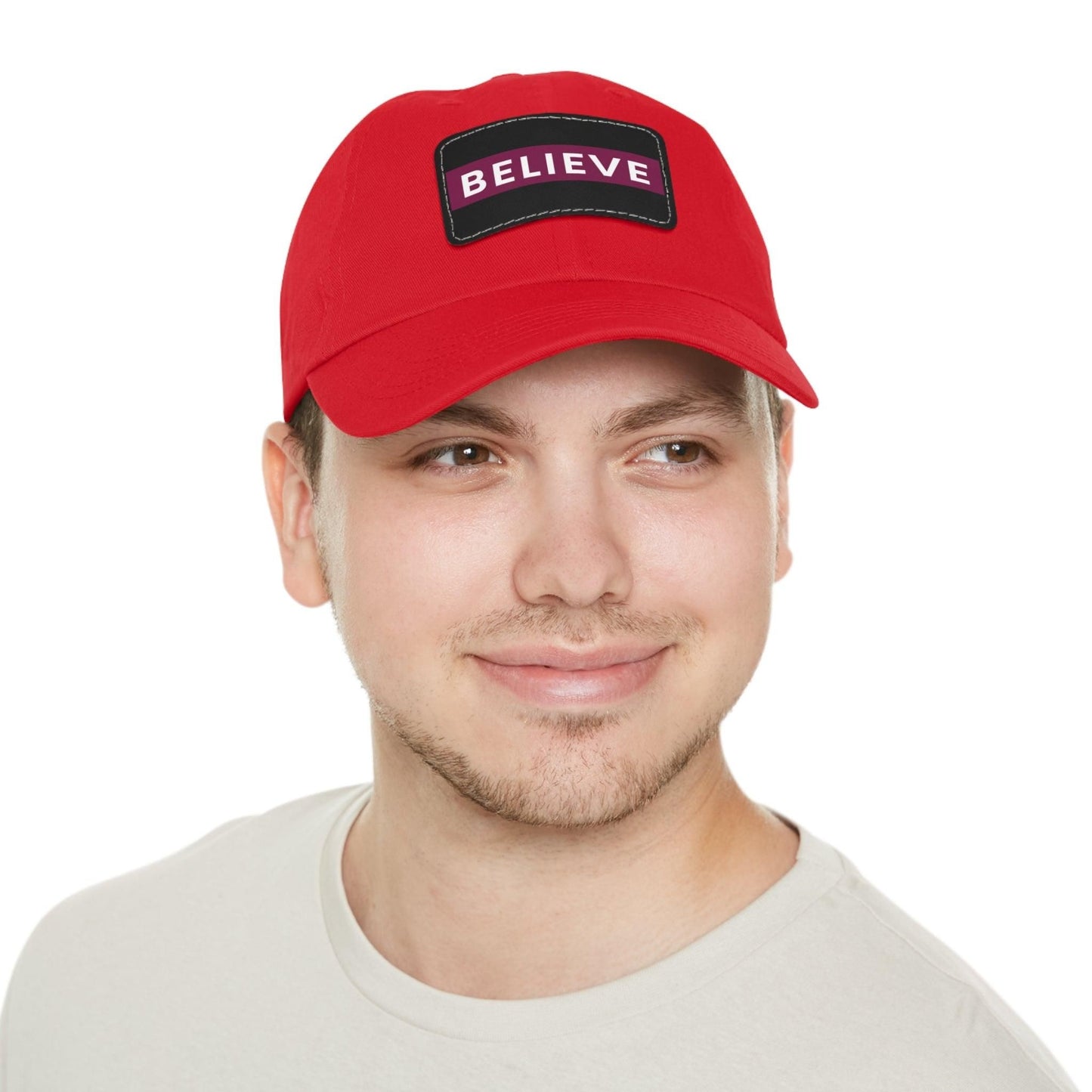 Believe Baseball Hat with Leather Patch Cap Red / Black patch Rectangle One size