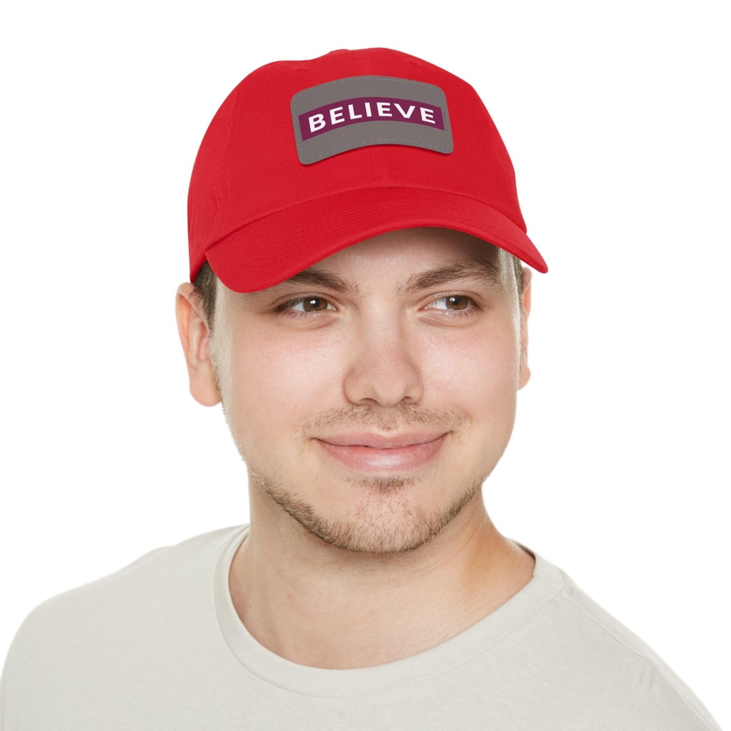 Believe Baseball Hat with Leather Patch Cap Red / Grey patch Rectangle One size