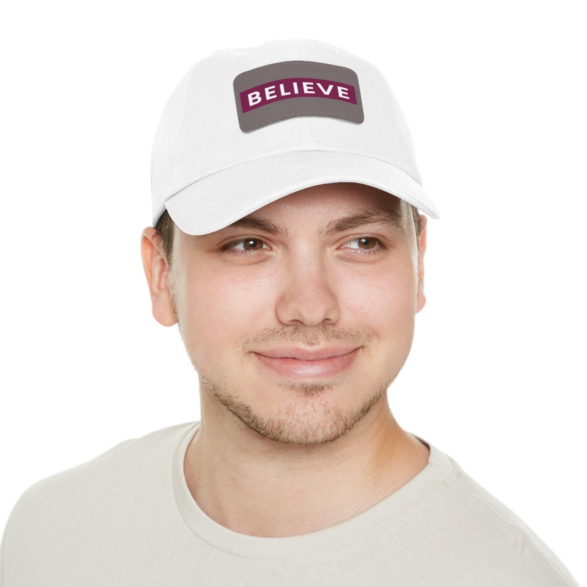 Believe Baseball Hat with Leather Patch Cap White / Grey patch Rectangle One size