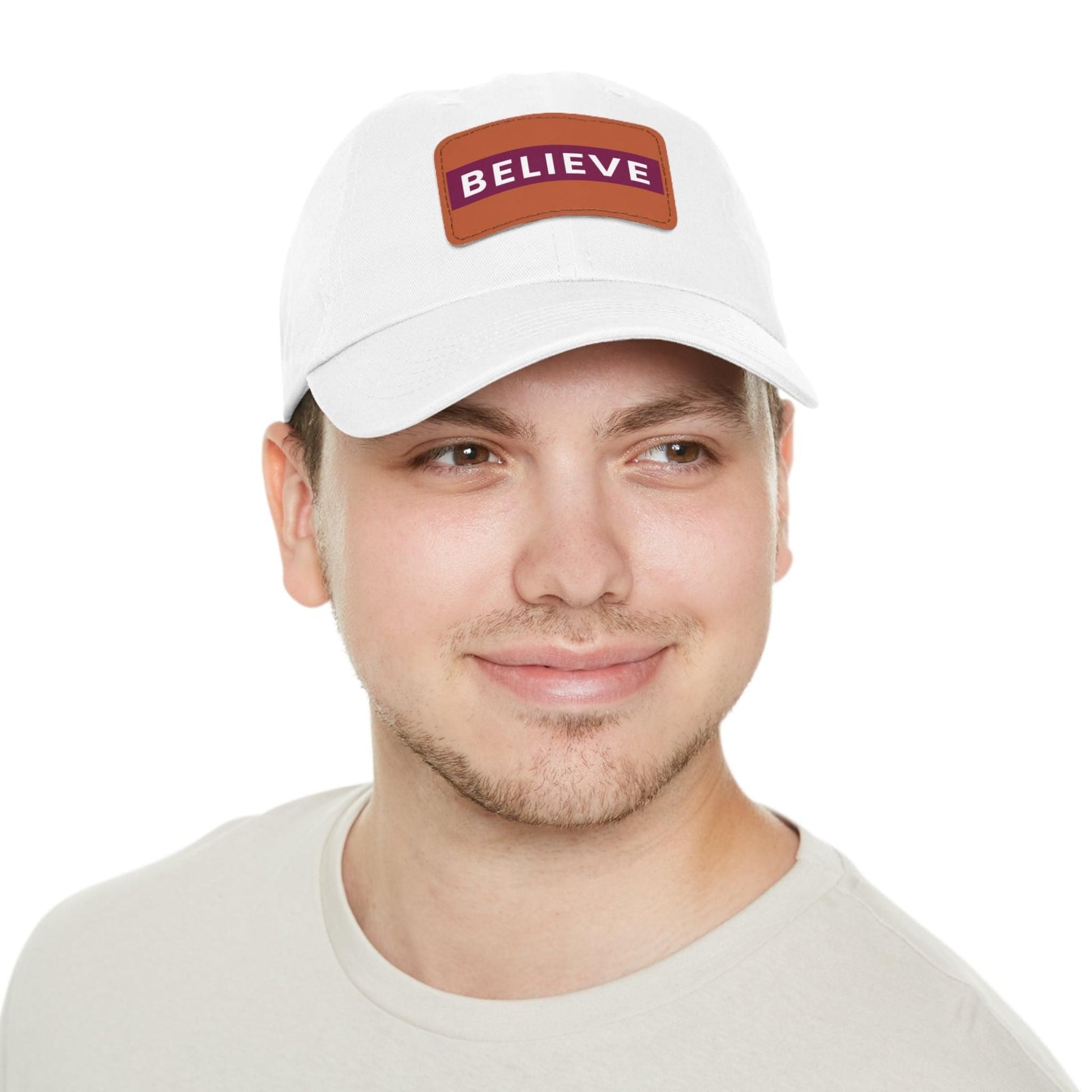 Believe Baseball Hat with Leather Patch Cap White / Light Brown patch Rectangle One size