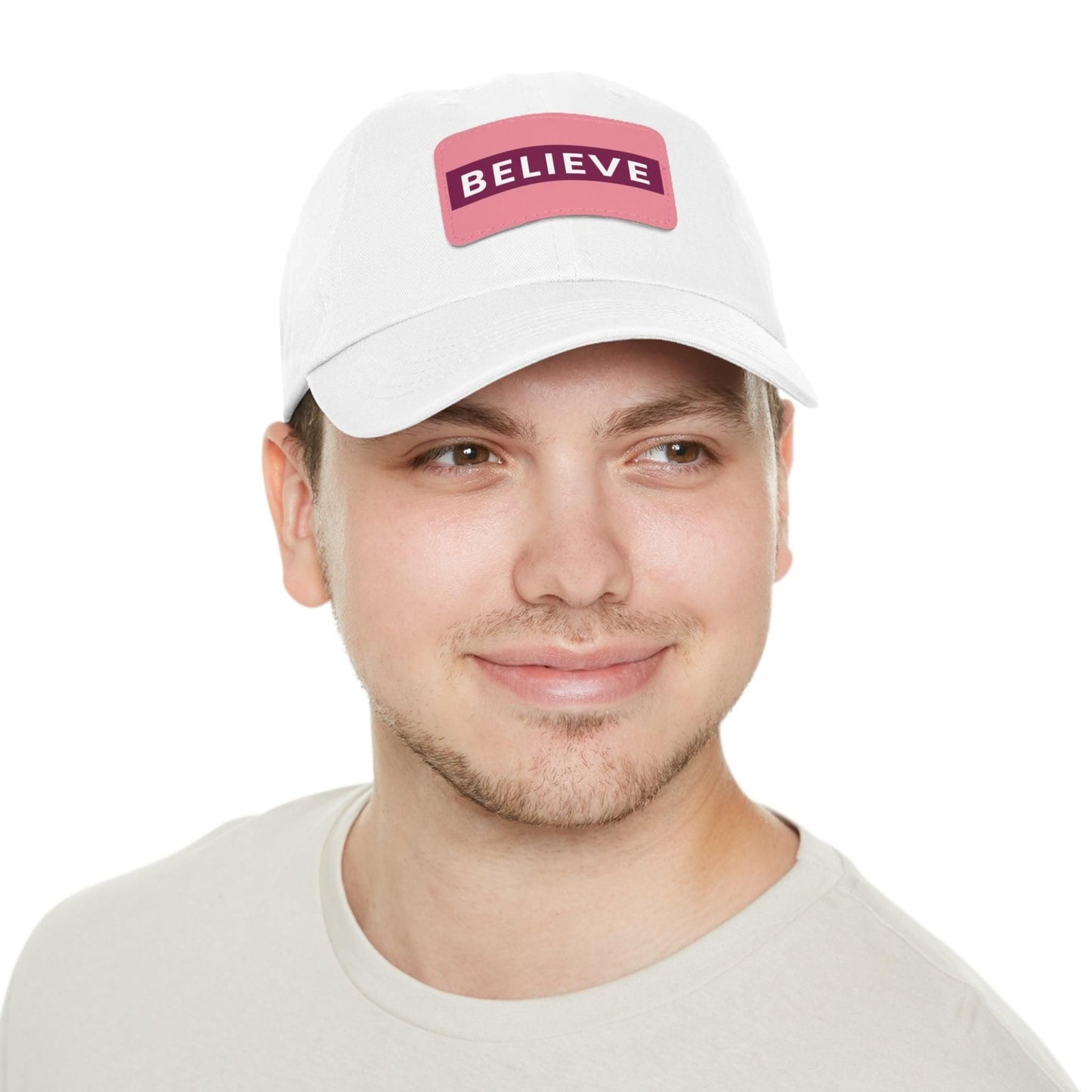 Believe Baseball Hat with Leather Patch Cap White / Pink patch Rectangle One size