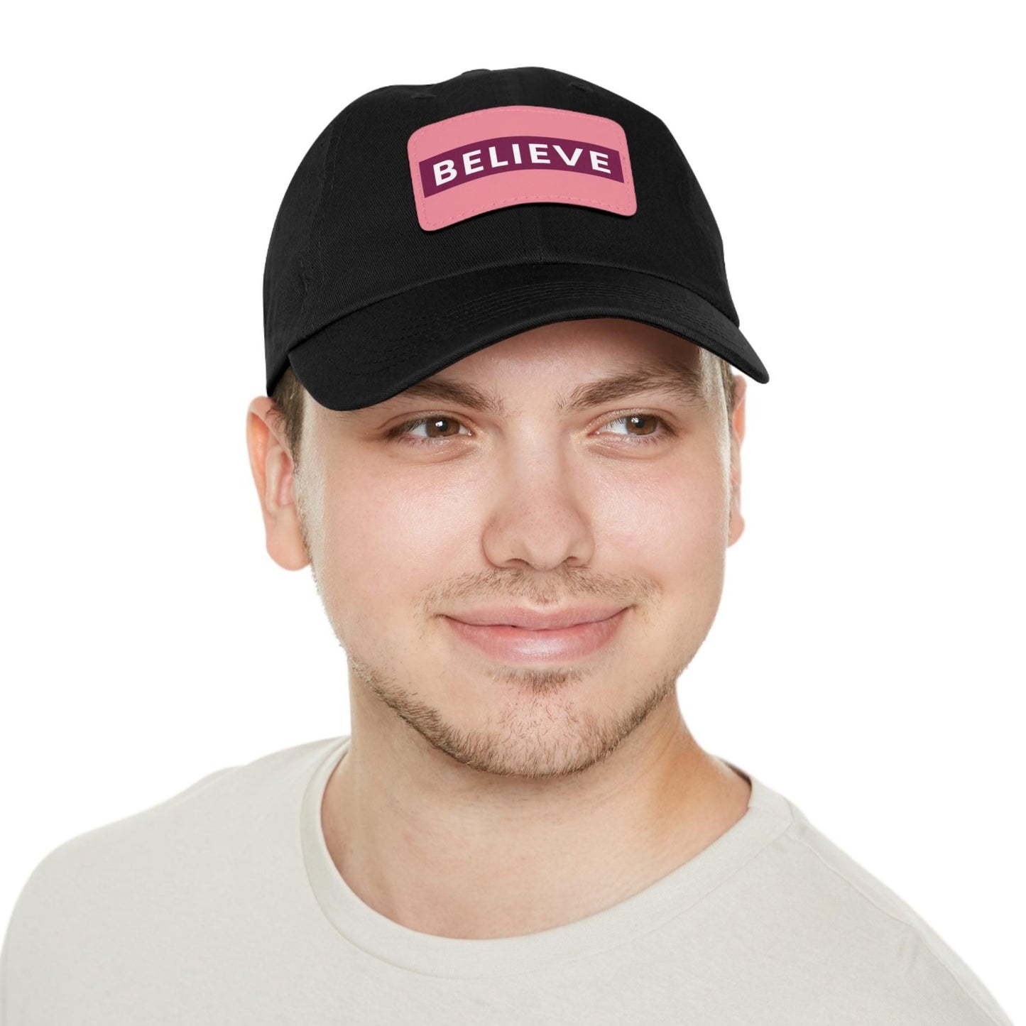 Believe Baseball Hat with Leather Patch Cap Black / Pink patch Rectangle One size
