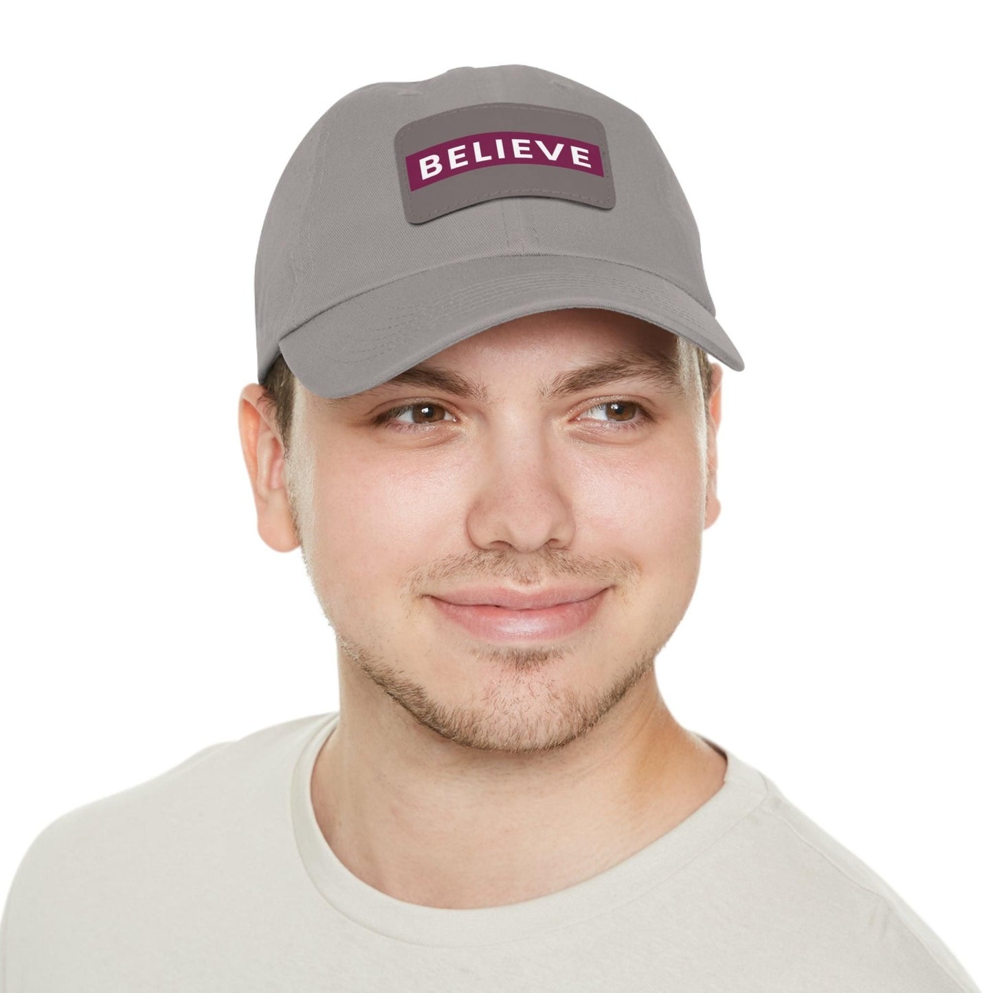 Believe Baseball Hat with Leather Patch Cap Grey / Grey patch Rectangle One size