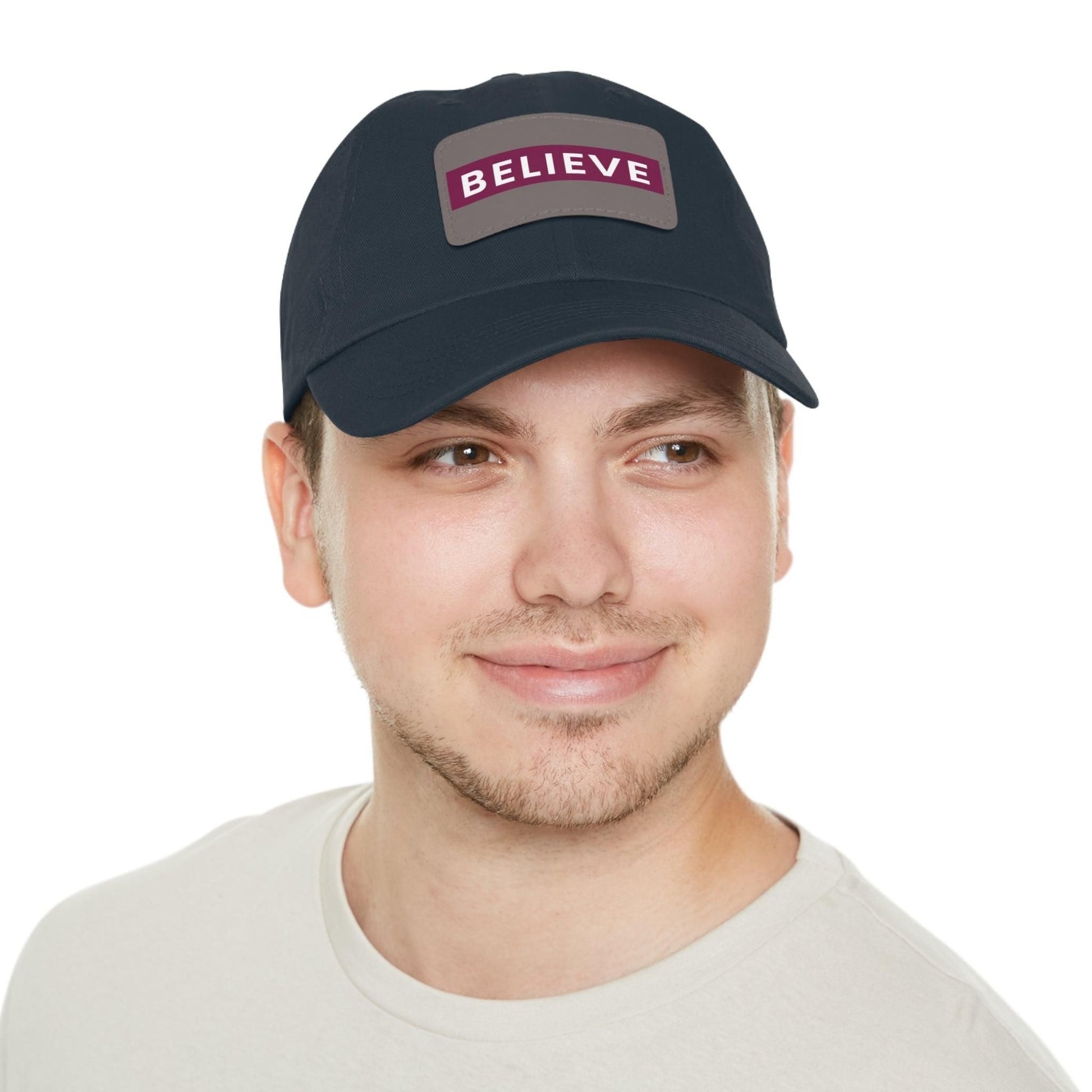 Believe Baseball Hat with Leather Patch Cap Navy / Grey patch Rectangle One size