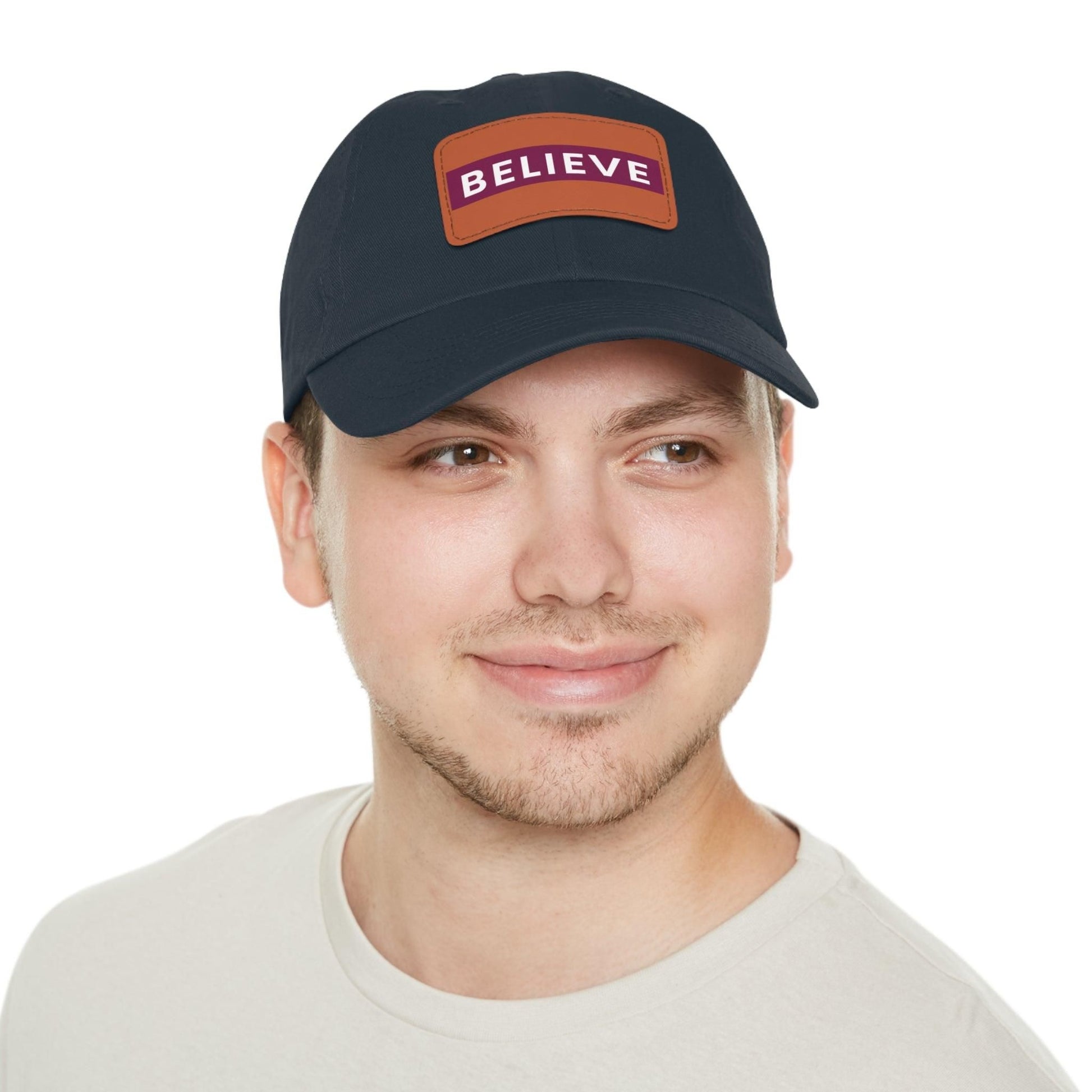 Believe Baseball Hat with Leather Patch Cap Navy / Light Brown patch Rectangle One size