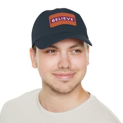 Believe Baseball Hat with Leather Patch Cap Navy / Light Brown patch Rectangle One size