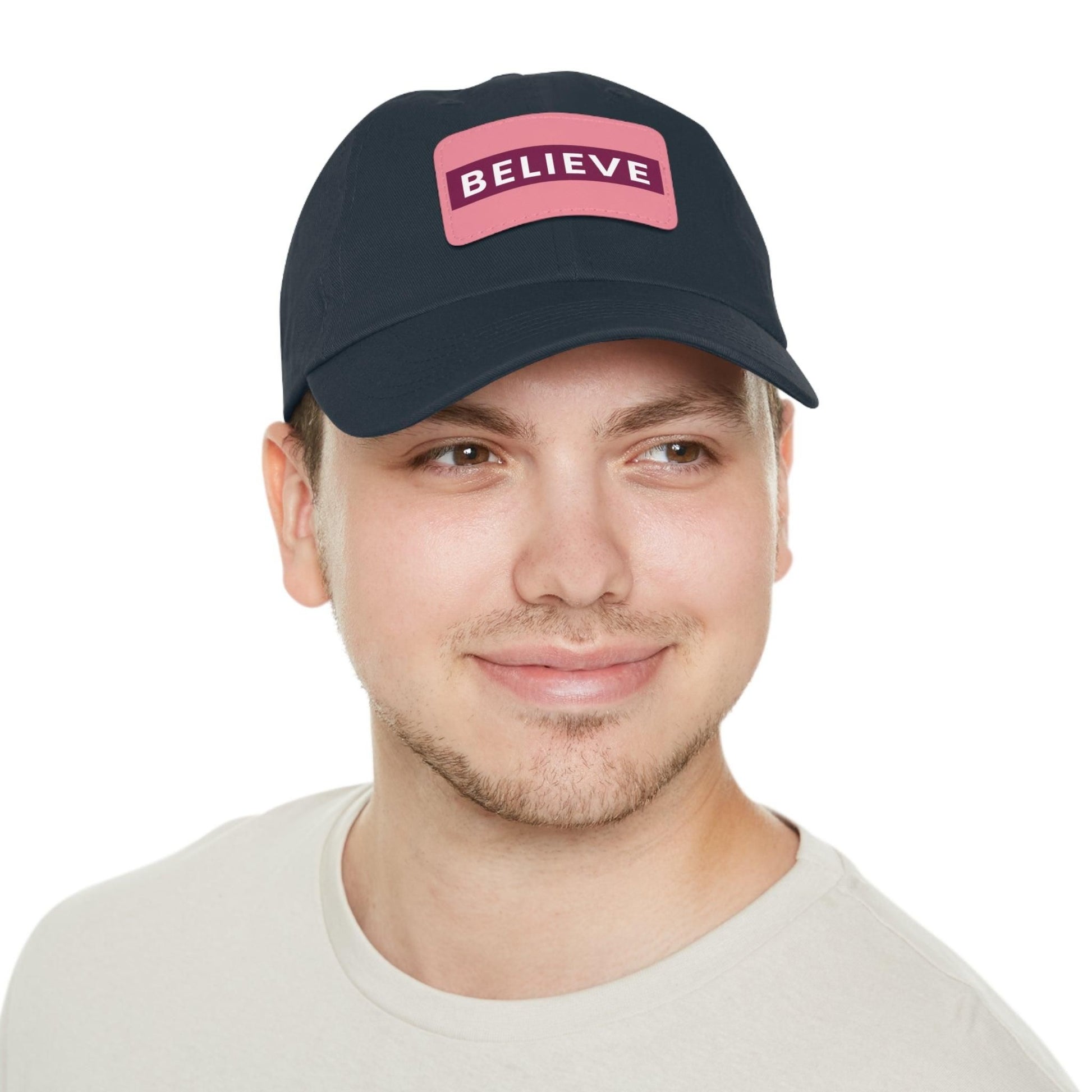 Believe Baseball Hat with Leather Patch Cap Navy / Pink patch Rectangle One size