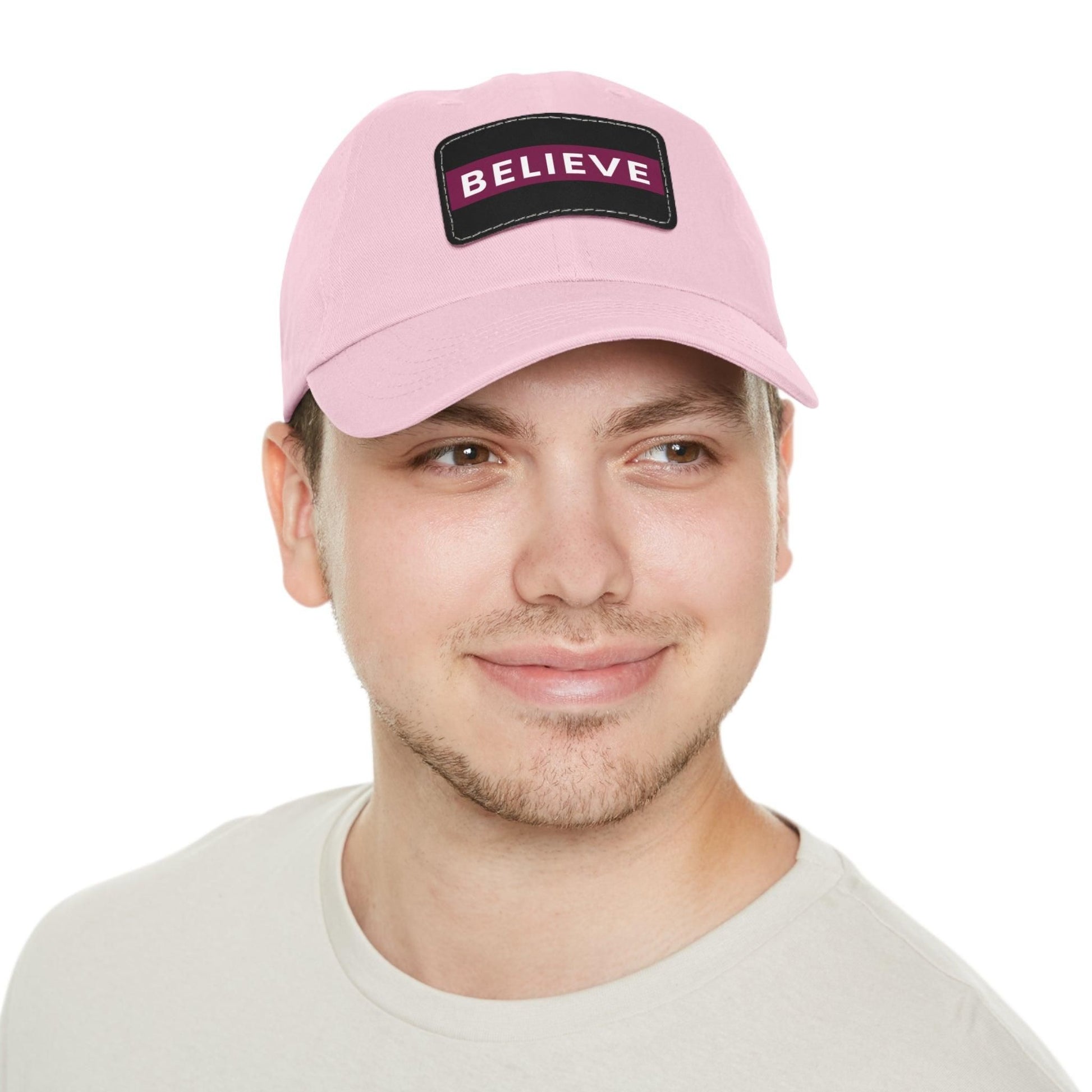 Believe Baseball Hat with Leather Patch Cap Light Pink / Black patch Rectangle One size