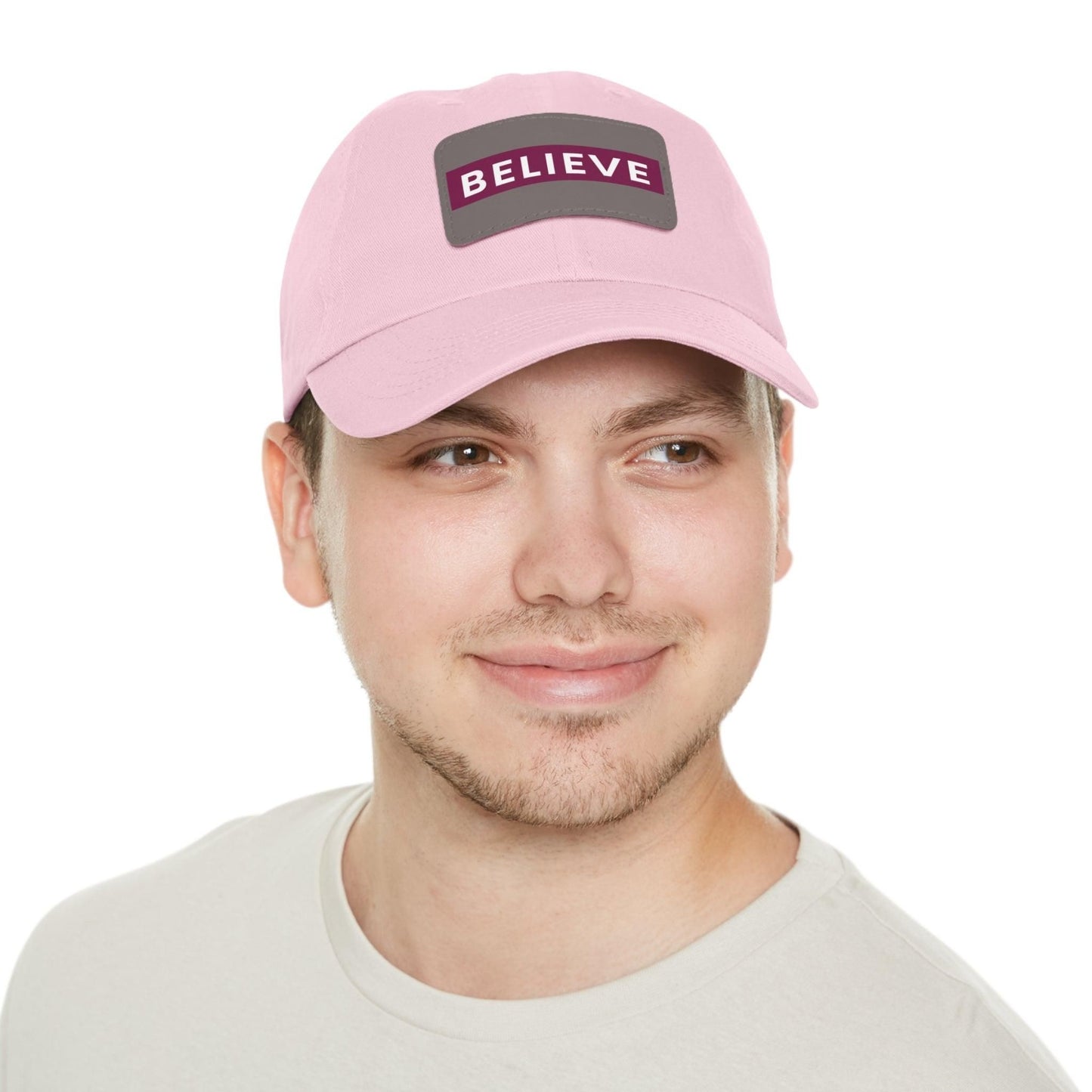 Believe Baseball Hat with Leather Patch Cap Light Pink / Grey patch Rectangle One size