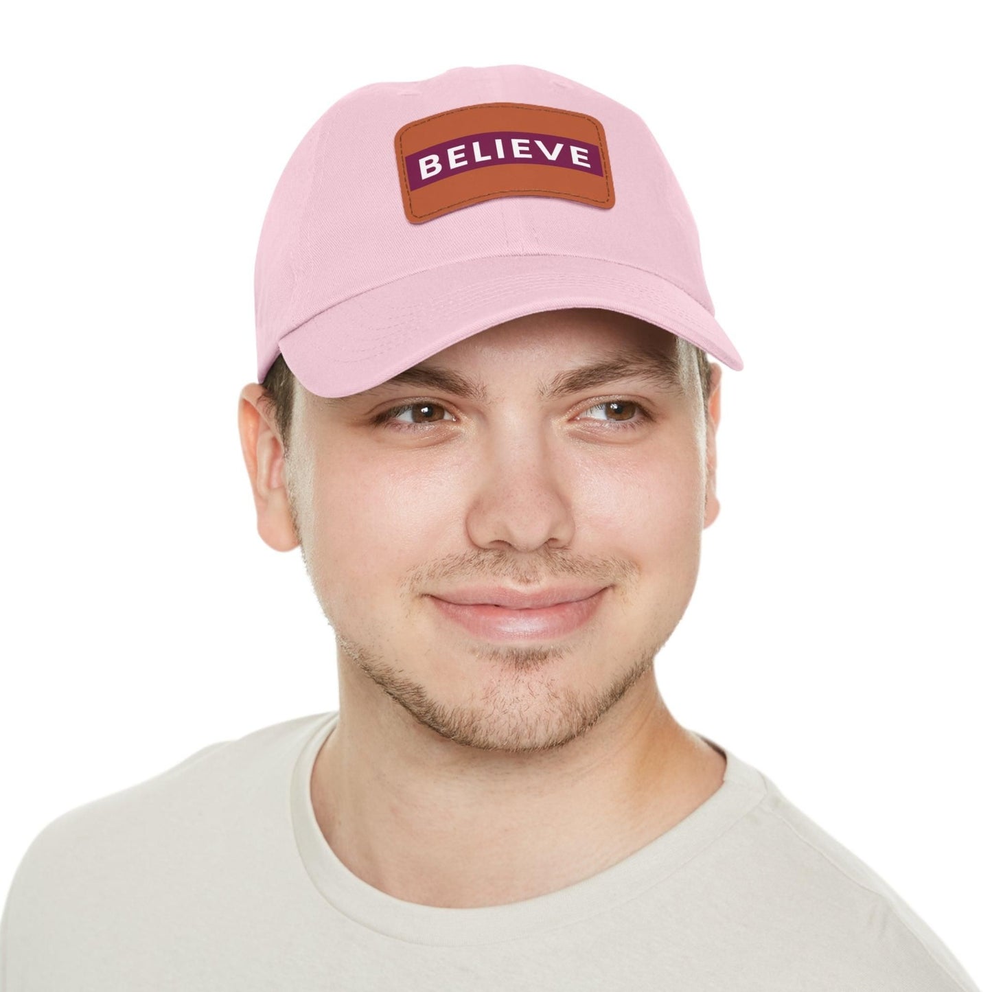 Believe Baseball Hat with Leather Patch Cap Light Pink / Light Brown patch Rectangle One size