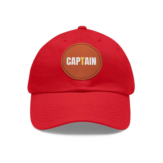 Captain Baseball Hat with Leather Patch Cap Red / Light Brown patch Circle One size