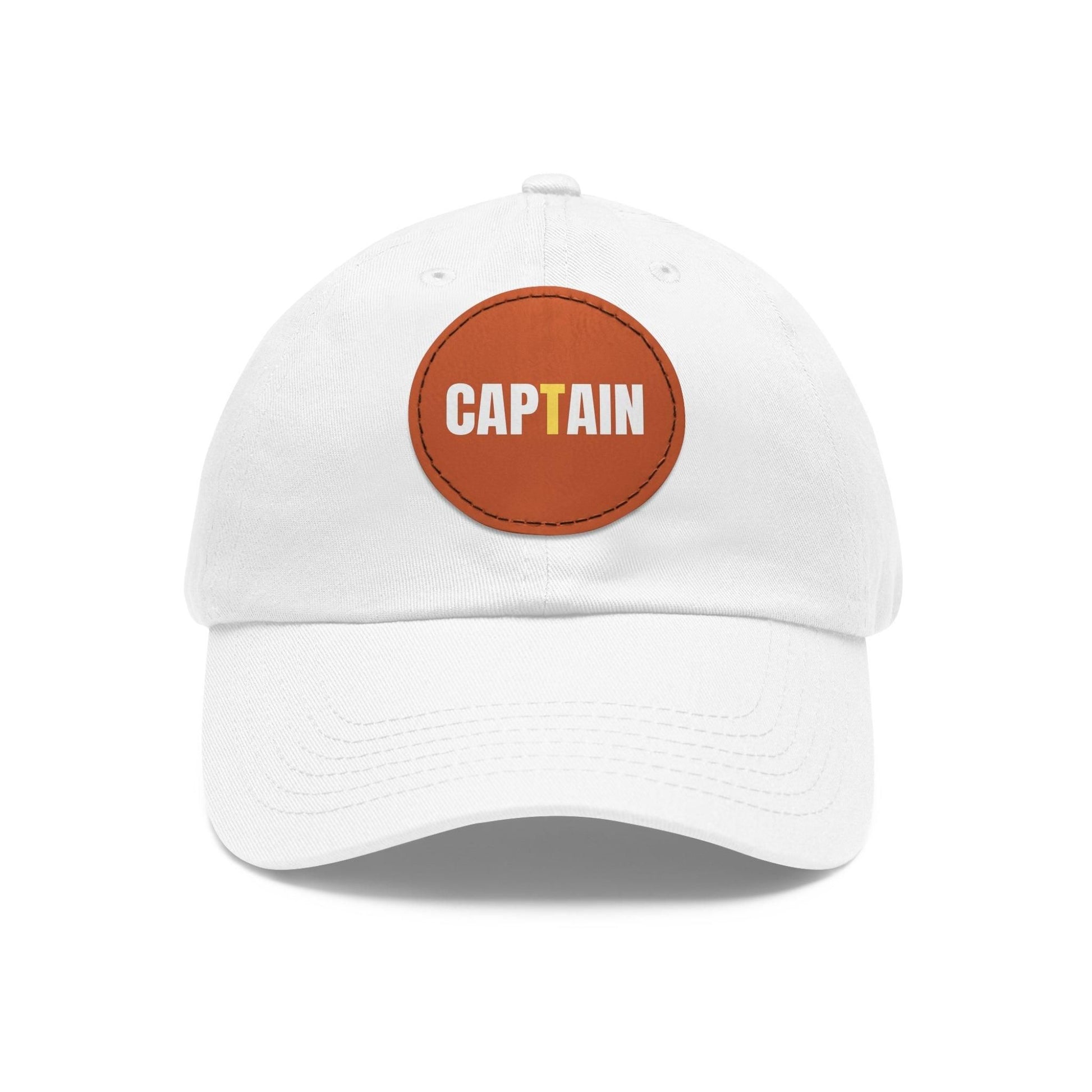Captain Baseball Hat with Leather Patch Cap White / Light Brown patch Circle One size