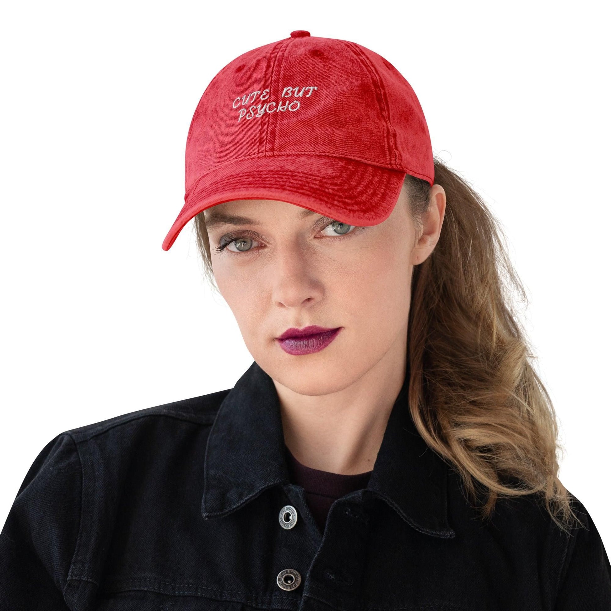 Cute But Psycho Vintage Cotton Twill Cap Cap Red  